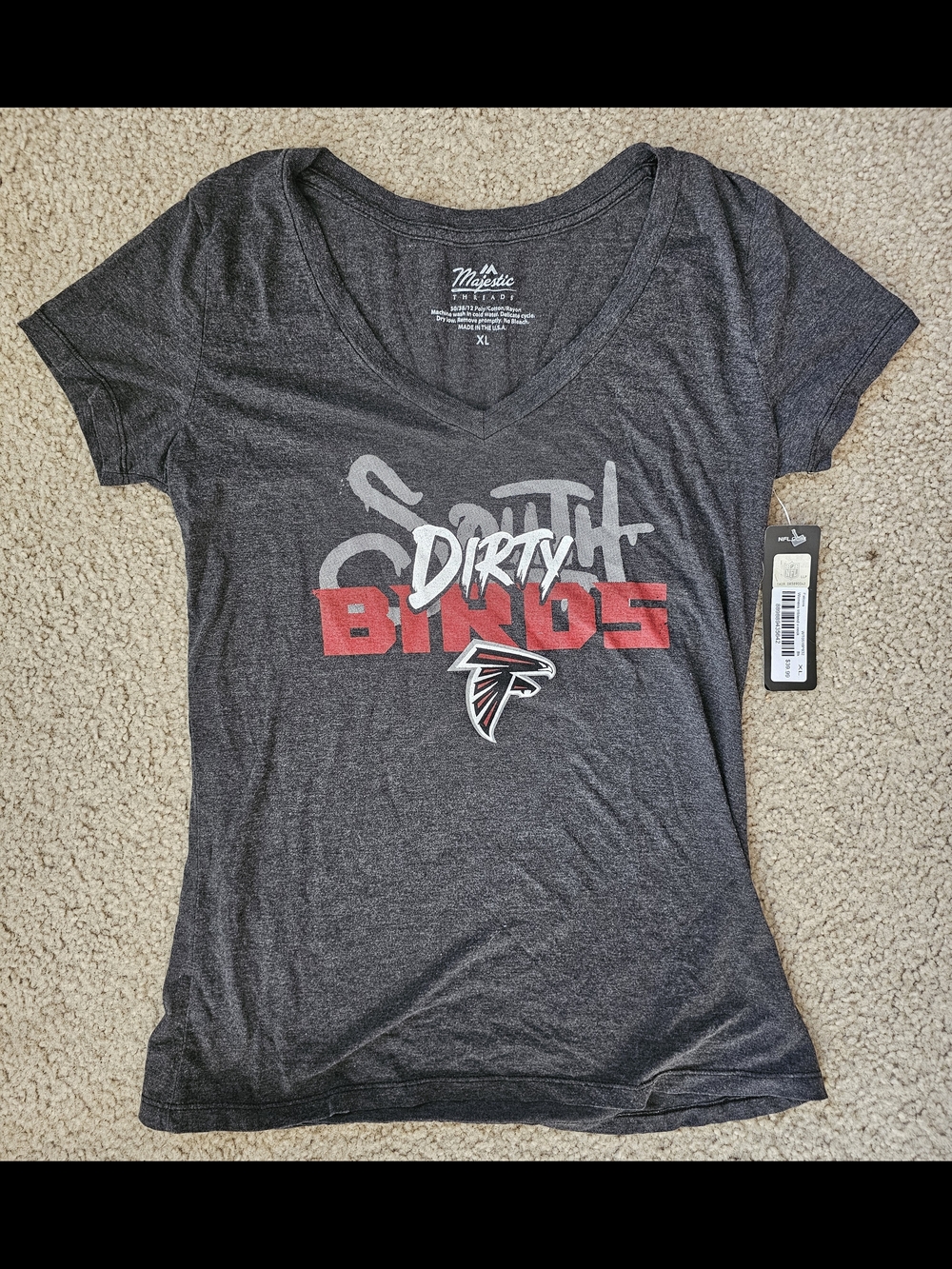 Majestic Charcoal V-Neck Tee with Red and White 'Dirty Birds' Graphic - Picture 2 of 5